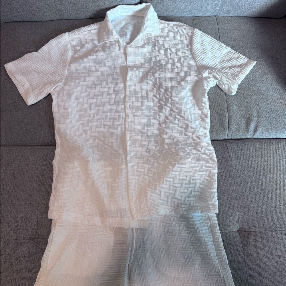 Men's White Textured Short Sleeve Shirt and shorts set